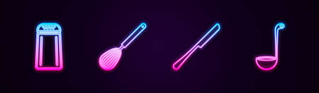 Set line Salt and pepper, Kitchen whisk, Knife and ladle. Glowing neon icon. Vectorのイラスト素材