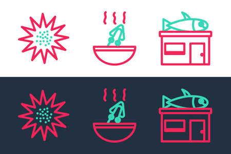 Set line Seafood store, urchin and Soup with octopus icon. Vectorのイラスト素材