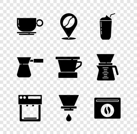 Set Coffee cup, Location with coffee bean, Milkshake, machine, V60 maker, Bag beans, turk and icon. Vectorのイラスト素材