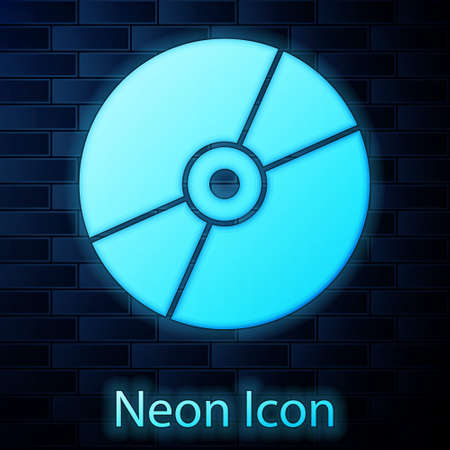 Glowing neon CD or DVD disk icon isolated on brick wall background. Compact disc sign. Vectorのイラスト素材