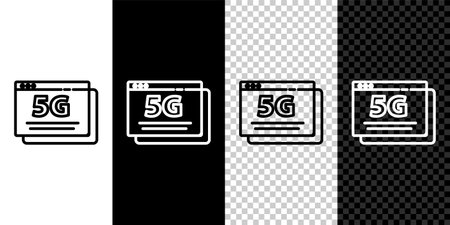 Set line 5G new wireless internet wifi connection icon isolated on black and white background. Global network high speed connection data rate technology. Vectorのイラスト素材