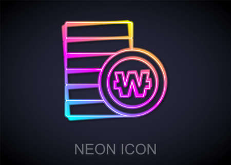Glowing neon line South Korean won coin icon isolated on black background. South Korea currency business, payment and finance. Vectorのイラスト素材