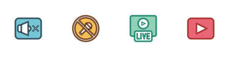 Set Speaker mute, Mute microphone, Live stream and Play button icon. Vectorのイラスト素材