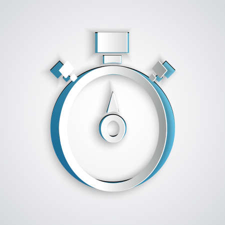 Paper cut Stopwatch icon isolated on grey background. Time timer sign. Chronometer sign. Paper art...