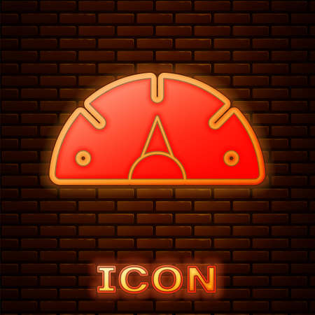 Glowing neon Speedometer icon isolated on brick wall background. Vectorのイラスト素材