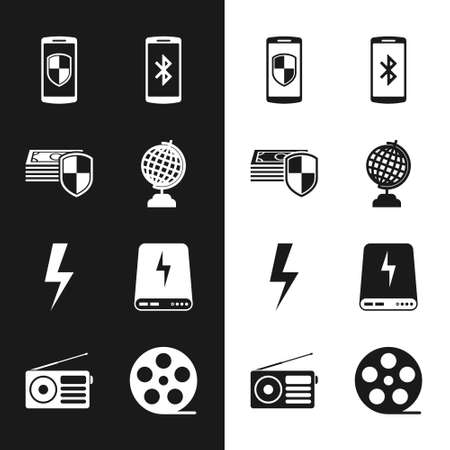 Set Earth globe, Money protection, Smartphone with shield, bluetooth, Lightning bolt and Power bank icon. Vectorのイラスト素材