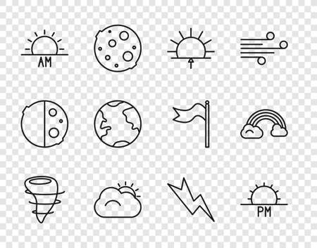 Set line Tornado, Sunset, Sunrise, and cloud, Earth globe, Lightning bolt and Rainbow with clouds icon. Vectorのイラスト素材