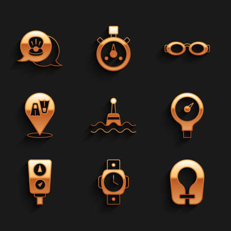 Set Floating buoy, Diving watch, Life jacket, Gauge scale, Flippers for swimming, Glasses and Scallop sea shell icon. Vectorのイラスト素材