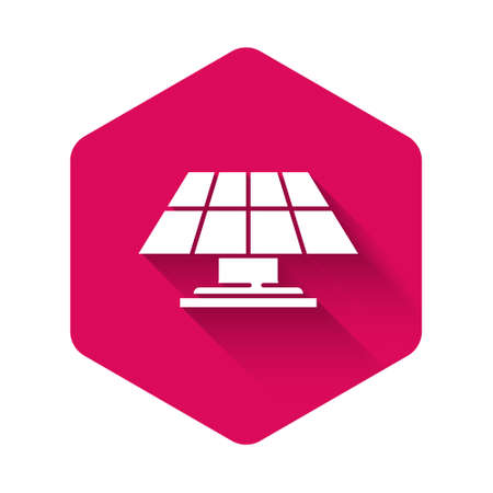 White Solar energy panel icon isolated with long shadow. Pink hexagon button. Vectorのイラスト素材