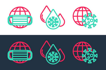 Set line Earth globe with virus, medical mask and Blood test and icon. Vectorのイラスト素材