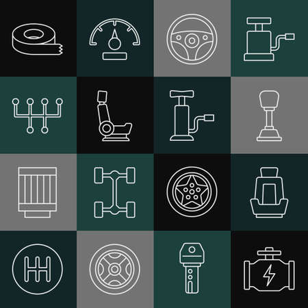 Set line Check engine, Car seat, Gear shifter, Steering wheel, tape and air pump icon. Vectorのイラスト素材