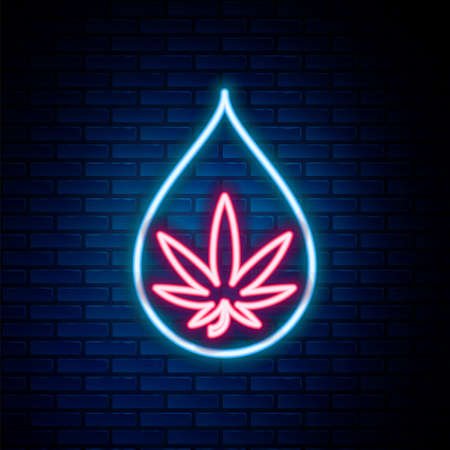 Glowing neon line Medical marijuana or cannabis leaf olive oil drop icon isolated on brick wall background. Cannabis extract. Hemp symbol. Colorful outline concept. Vectorのイラスト素材