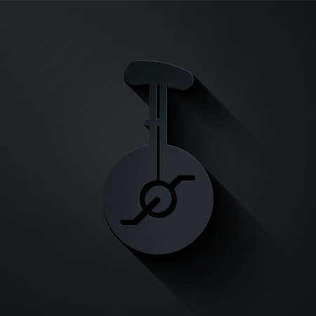 Paper cut Unicycle or one wheel bicycle icon isolated on black background. Monowheel bicycle. Paper art style. Vectorのイラスト素材