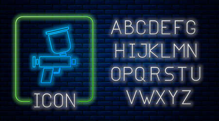Glowing neon Paint spray gun icon isolated on brick wall background. Neon light alphabet. Vectorのイラスト素材