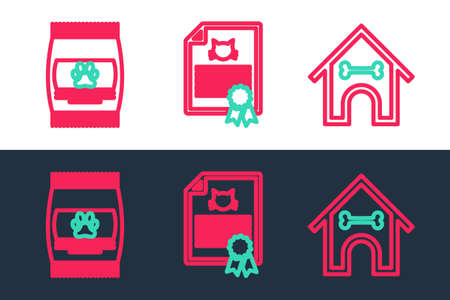 Set line Dog house and bone, Bag of food for pet and Certificate dog cat icon. Vectorのイラスト素材