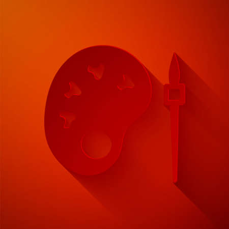Paper cut Paint brush with palette icon isolated on red background. Paper art style. Vectorのイラスト素材