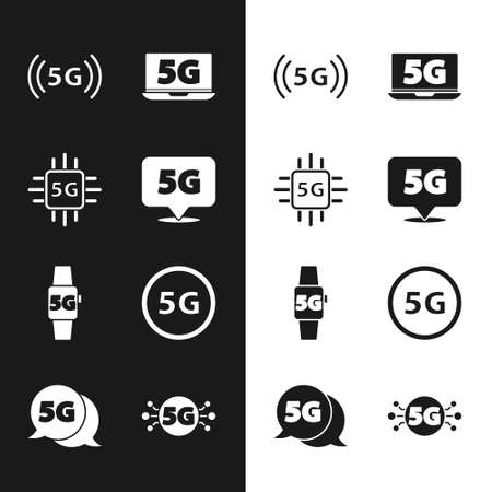 Set Location 5G network, Processor, Laptop with, Smart watch, and icon. Vectorのイラスト素材
