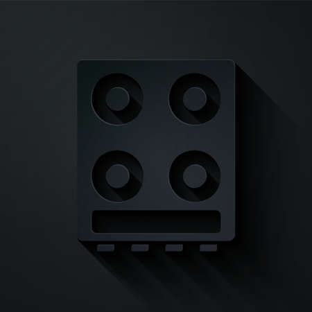 Paper cut Gas stove icon isolated on black background. Cooktop sign. Hob with four circle burners. Paper art style. Vectorのイラスト素材