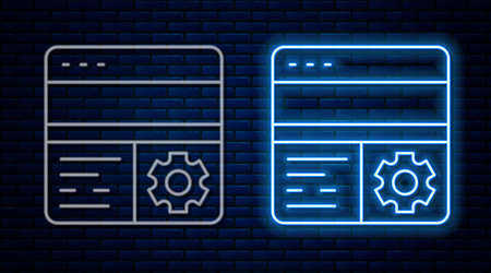 Glowing neon line Debugging icon isolated on brick wall background. Debugging tool. Magnifying glass on bug programming. Testing and setting software. Vectorのイラスト素材