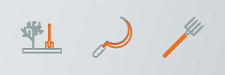 Set line Garden pitchfork, Planting tree in the ground and Sickle icon. Vectorのイラスト素材