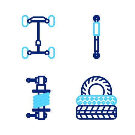 Set line Car tire, Shock absorber, and Chassis car icon. Vectorのイラスト素材