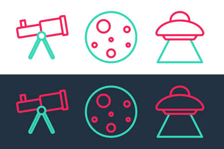 Set line UFO flying spaceship, Telescope and Planet Mars icon. Vectorのイラスト素材