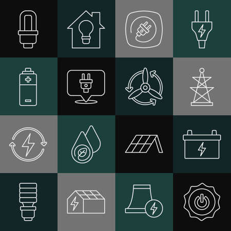 Set line Power button, Car battery, Electric tower, plug, Battery, LED light bulb and Wind turbine icon. Vectorのイラスト素材