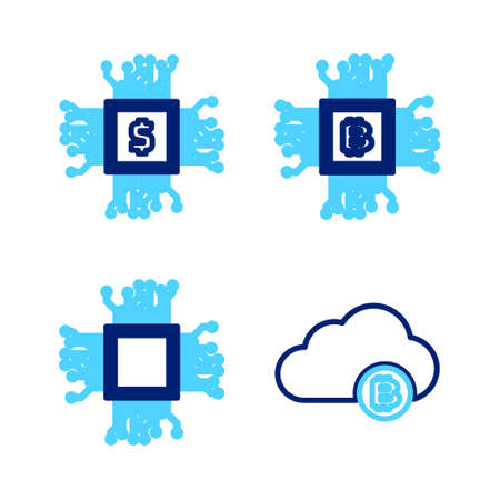 Set line Cryptocurrency cloud mining, Brain as digital circuit board, Processor and CPU farm icon....