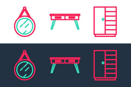 Set line Wardrobe, Mirror and Office desk icon. Vectorのイラスト素材
