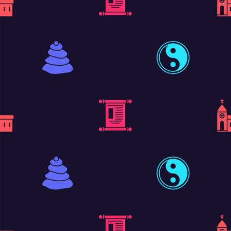 Set Yin Yang, Stack hot stones, Decree, paper, parchment, scroll and Church building on seamless pattern. Vectorのイラスト素材