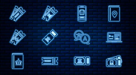 Set line Train ticket, Online hotel booking, car sharing, Museum, Airline, Ticket, Translator and icon. Vectorのイラスト素材