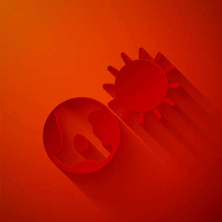 Paper cut Earth globe and sun icon isolated on red background. World or Earth sign. Global internet symbol. Geometric shapes. Paper art style. Vector Illustrationのイラスト素材