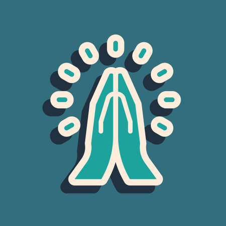 Green Hands in praying position icon isolated on green background. Prayer to god with faith and hope. Long shadow style. Vectorのイラスト素材