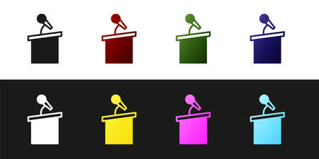 Set Stage stand or debate podium rostrum icon isolated on black and white background. Conference speech tribune. Vectorのイラスト素材