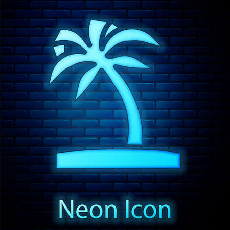 Glowing neon Tropical palm tree icon isolated on brick wall background. Coconut palm tree. Vectorのイラスト素材