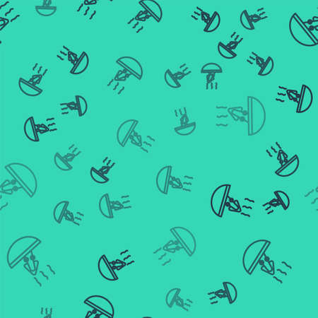 Black line Soup with octopus icon isolated seamless pattern on green background. Vector.