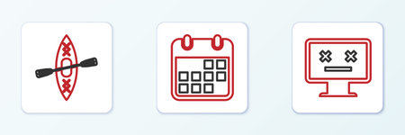 Set line Dead monitor, Kayak and paddle and Calendar icon. Vectorのイラスト素材