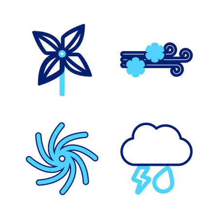 Set line Cloud with rain and lightning, Tornado, Wind snow and Pinwheel icon. Vectorのイラスト素材