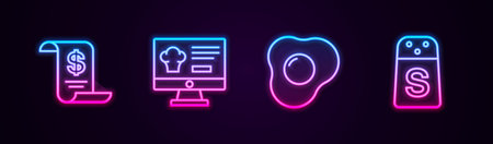 Set line Paper or financial check, Online ordering and delivery, Scrambled eggs and Salt. Glowing neon icon. Vectorのイラスト素材