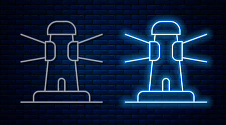 Glowing neon line Lighthouse icon isolated on brick wall background. Vectorのイラスト素材