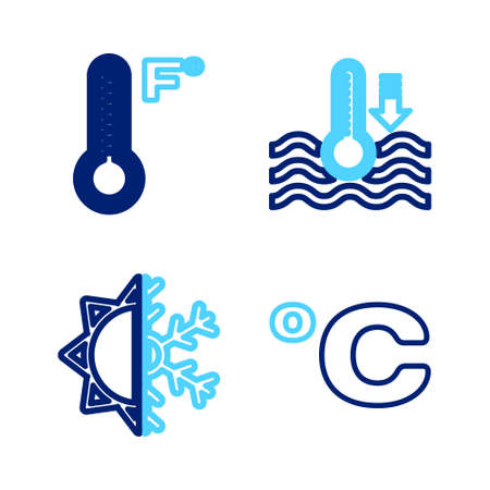 Set line Celsius, Sun and snowflake, Water thermometer and Meteorology icon. Vectorのイラスト素材