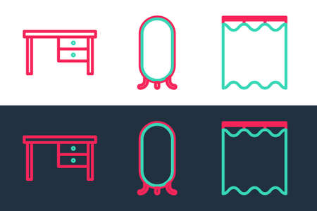 Set line Curtains, Office desk and Big full length mirror icon. Vectorのイラスト素材
