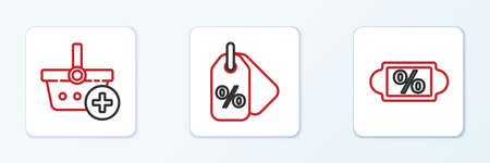 Set line Discount percent tag, Add to Shopping basket and icon. Vectorのイラスト素材