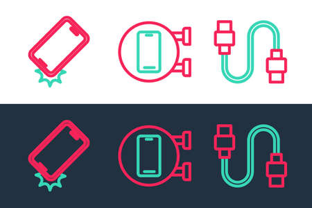 Set line USB cable cord, Shockproof phone and Phone repair service icon. Vectorのイラスト素材