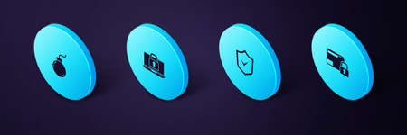 Set Isometric Folder and lock, Shield with check mark, Laptop and Bomb ready explode icon. Vectorのイラスト素材