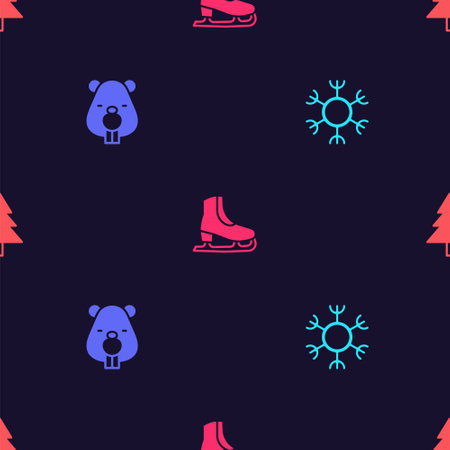 Set Snowflake, Beaver animal, Skates and Christmas tree on seamless pattern. Vectorのイラスト素材
