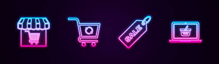 Set line Market store with shopping cart, Refresh, Price tag Sale and Shopping basket on laptop. Glowing neon icon. Vectorのイラスト素材