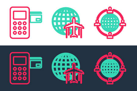 Set line Outsourcing concept, Pos terminal and Globe with flying plane icon. Vectorのイラスト素材