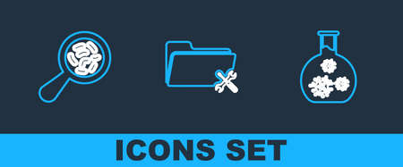 Set line Test tube with virus, Microorganisms under magnifier and Folder service icon. Vectorのイラスト素材
