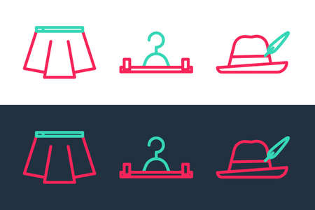 Set line Oktoberfest hat, Skirt and Hanger wardrobe icon. Vectorのイラスト素材